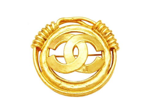 Vintage Chanel pin brooch CC logo gold round jewelry Authentic