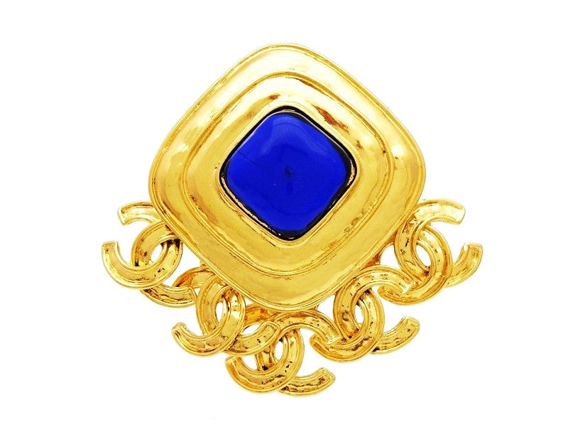 Vintage Chanel brooch pin navy blue stone dangling CC logo