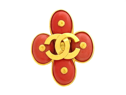 Vintage Chanel brooch pin CC logo orange stone