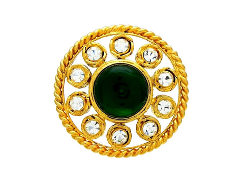 Vintage Chanel brooch pin green stone rhinestone round