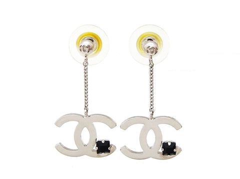 Chanel stud earrings CC logo black rhinestone silver dangle Authentic