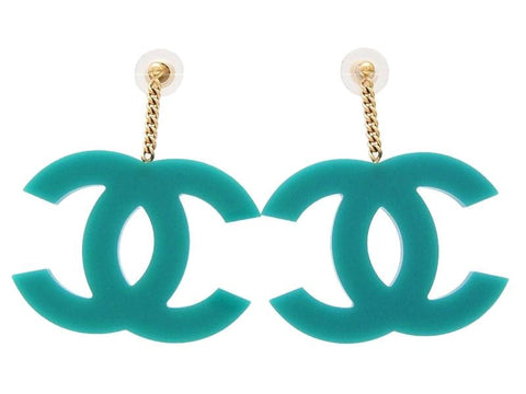 Chanel stud earrings big CC logo blue dangle Authentic Vitnage Chanel