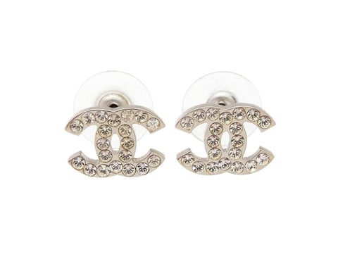 Chanel stud earrings CC rhinestone silver Authentic vintage Chanel