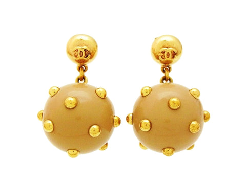 Vintage Chanel stud earrings CC logo beige ball dangle Authentic
