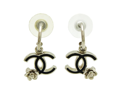 Vintage Chanel stud earrings black CC logo camellia dangle