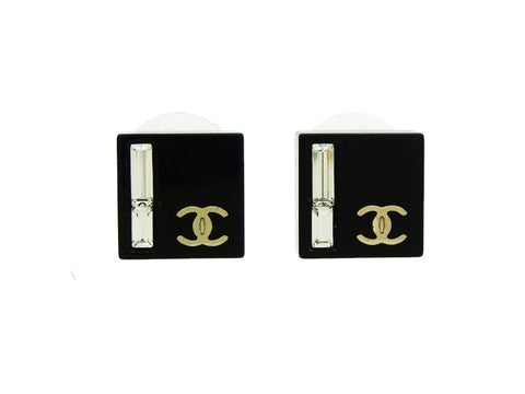 Vintage Chanel stud earrings CC logo rhinestone black Authentic
