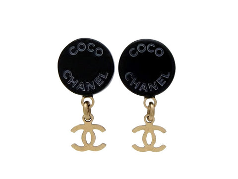 Vintage Chanel stud earrings black round CC logo dangle