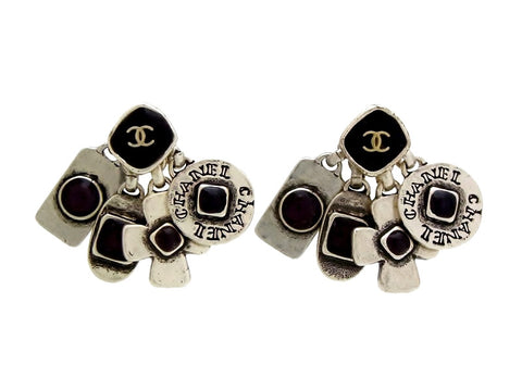 Vintage Chanel stud earrings many charms dangle black stone