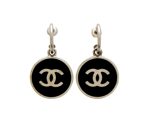 Vintage Chanel stud earrings CC logo black round dangle