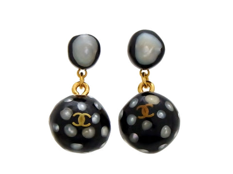 Vintage Chanel stud earrings CC logo black ball dangle