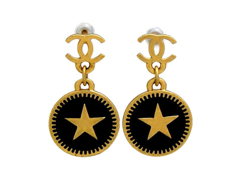 Vintage Chanel stud earrings CC logo star round dangle black