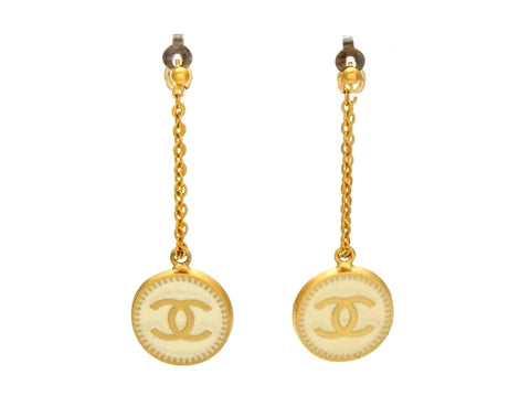 Vintage Chanel stud earrings CC logo white round dangle