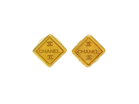 Vintage Chanel stud earrings CC logo rhombus gold tone