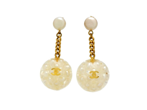 Vintage Chanel stud earrings CC logo pearl ball dangle