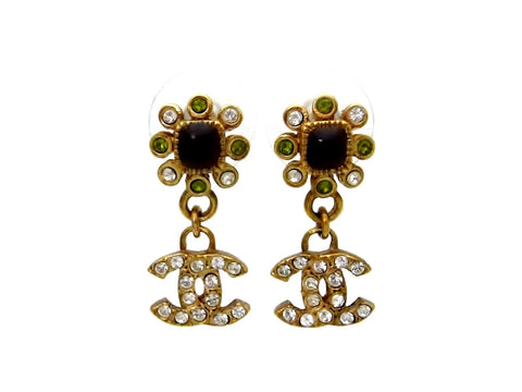 Vintage Chanel stud earrings CC logo rhinestone flower