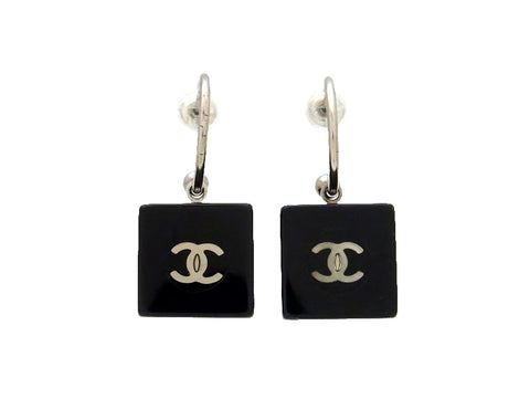 Vintage Chanel stud earrings CC logo button black cube