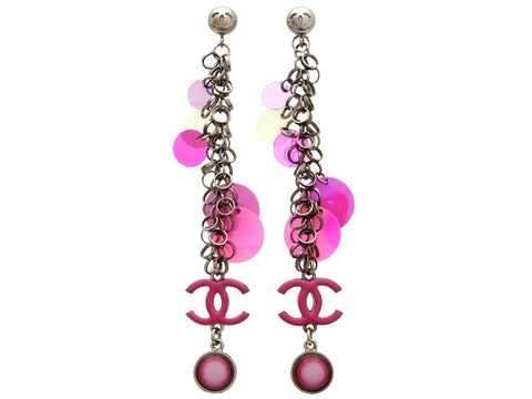 Vintage Chanel stud earrings pink CC logo spangles super long