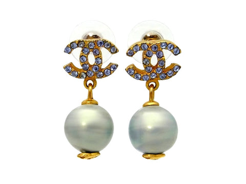 Vintage Chanel stud earrings CC logo light blue stone dangle