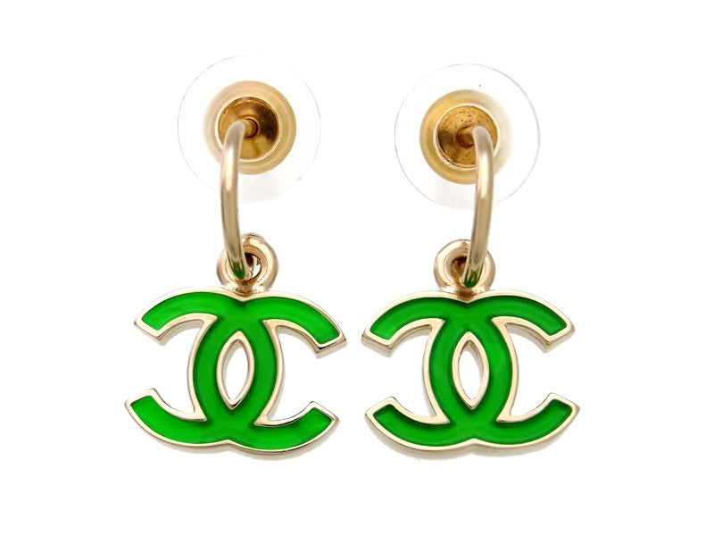 Vintage Chanel stud earrings green CC logo dangle