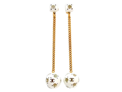 Vintage Chanel stud earrings CC logo white ball dangle