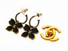 Vintage Chanel stud earrings CC logo flower dangle black