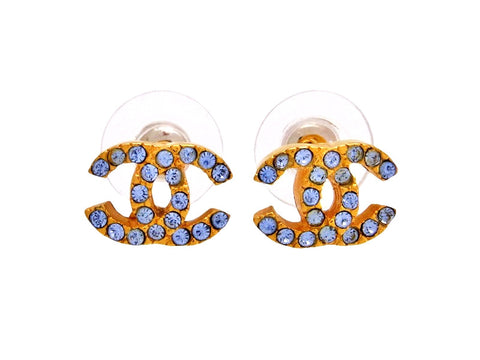 Vintage Chanel stud earrings CC logo light blue rhinestone