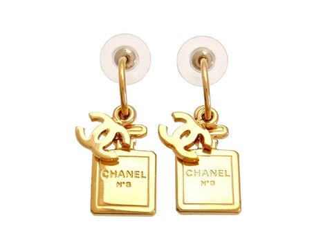 Vintage Chanel stud earrings CC logo No.5 perfume bottle dangle
