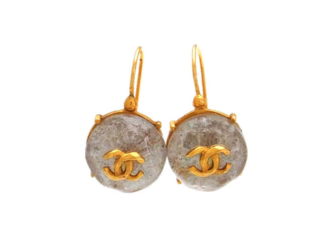 Vintage Chanel stud earrings CC logo glass stone dangle