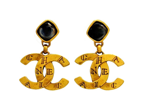 Vintage Chanel stud earrings black stone CC logo dangle